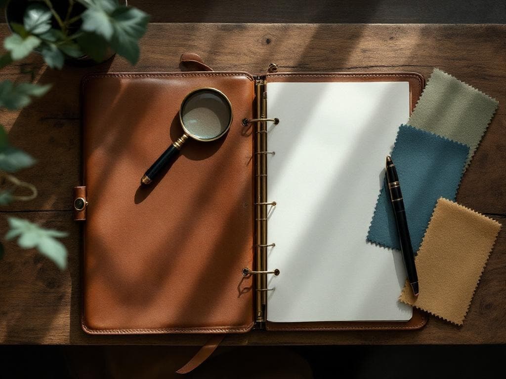 A clipboard with a four-question vendor vetting checklist on a workshop bench, beside a sample pen and a tumbler.