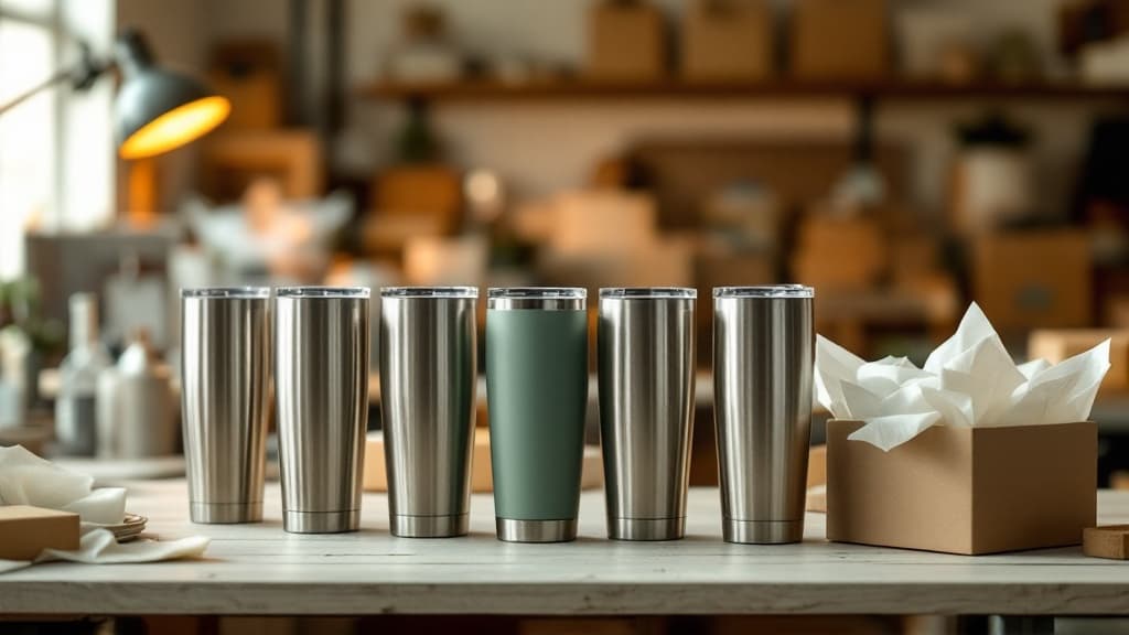 Rows of identical brushed-steel insulated tumblers lined up on a workshop packing table, one powder-coated tumbler in the front row, ready for a bulk employee order.