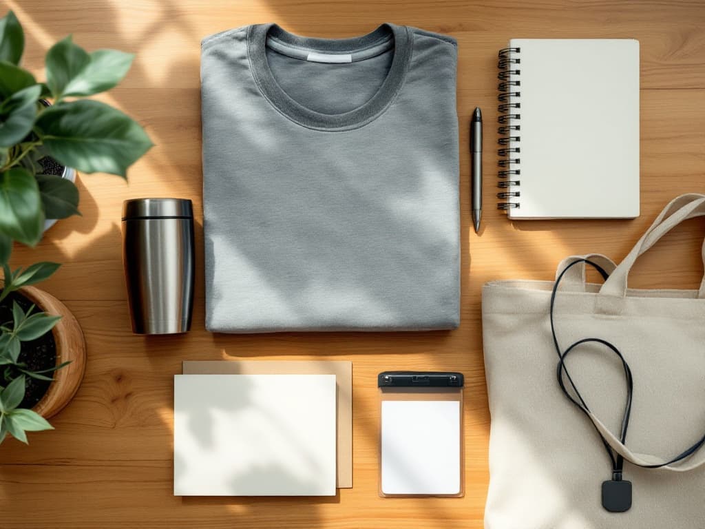 Overhead flat-lay of a new-hire welcome kit on a warm wooden desk: a folded branded tee, an insulated tumbler, a bound notebook with a pen, a welcome card, and a branded tote.