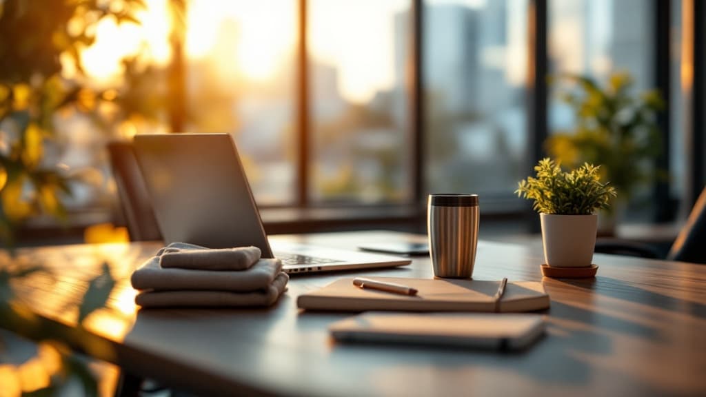 Overhead flat-lay of a new-hire welcome kit on a warm wooden desk: a folded branded tee, an insulated tumbler, a bound notebook with a pen, a welcome card, and a branded tote.