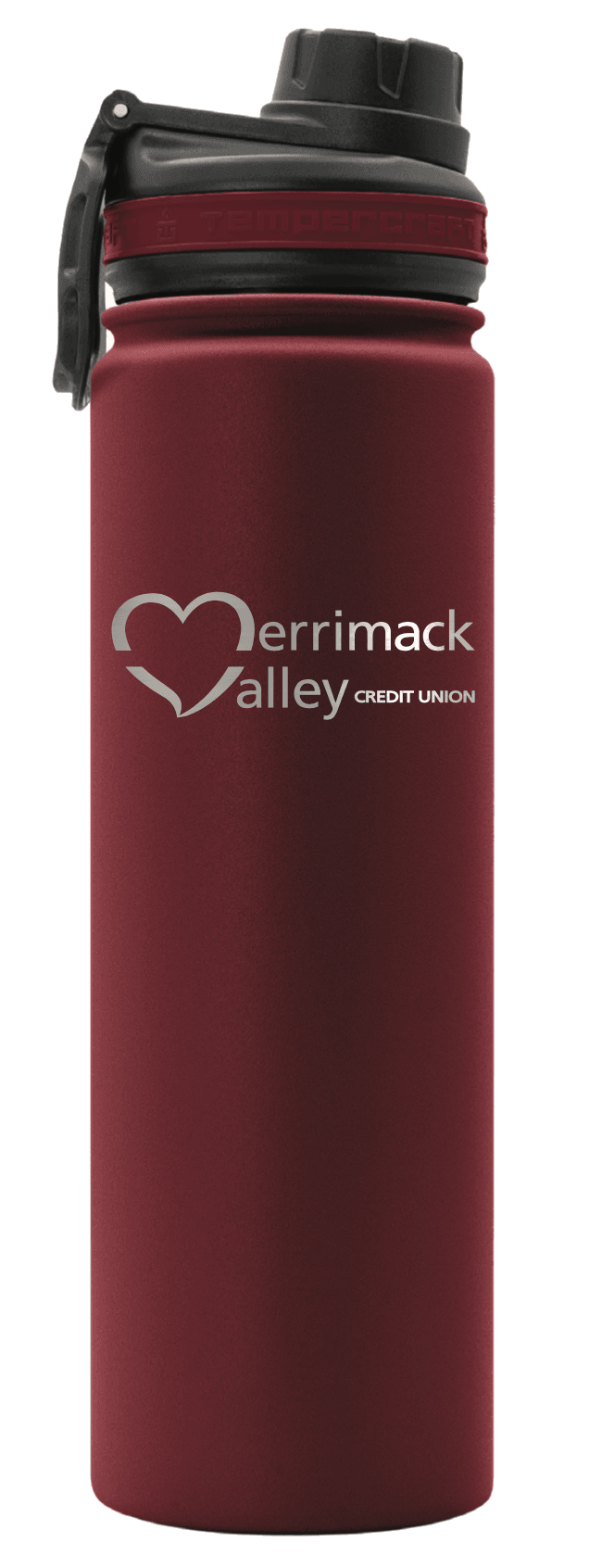 A maroon insulated sport bottle laser-engraved with the Merrimack Valley Credit Union logo, a real Goddu Imprint credit-union order.