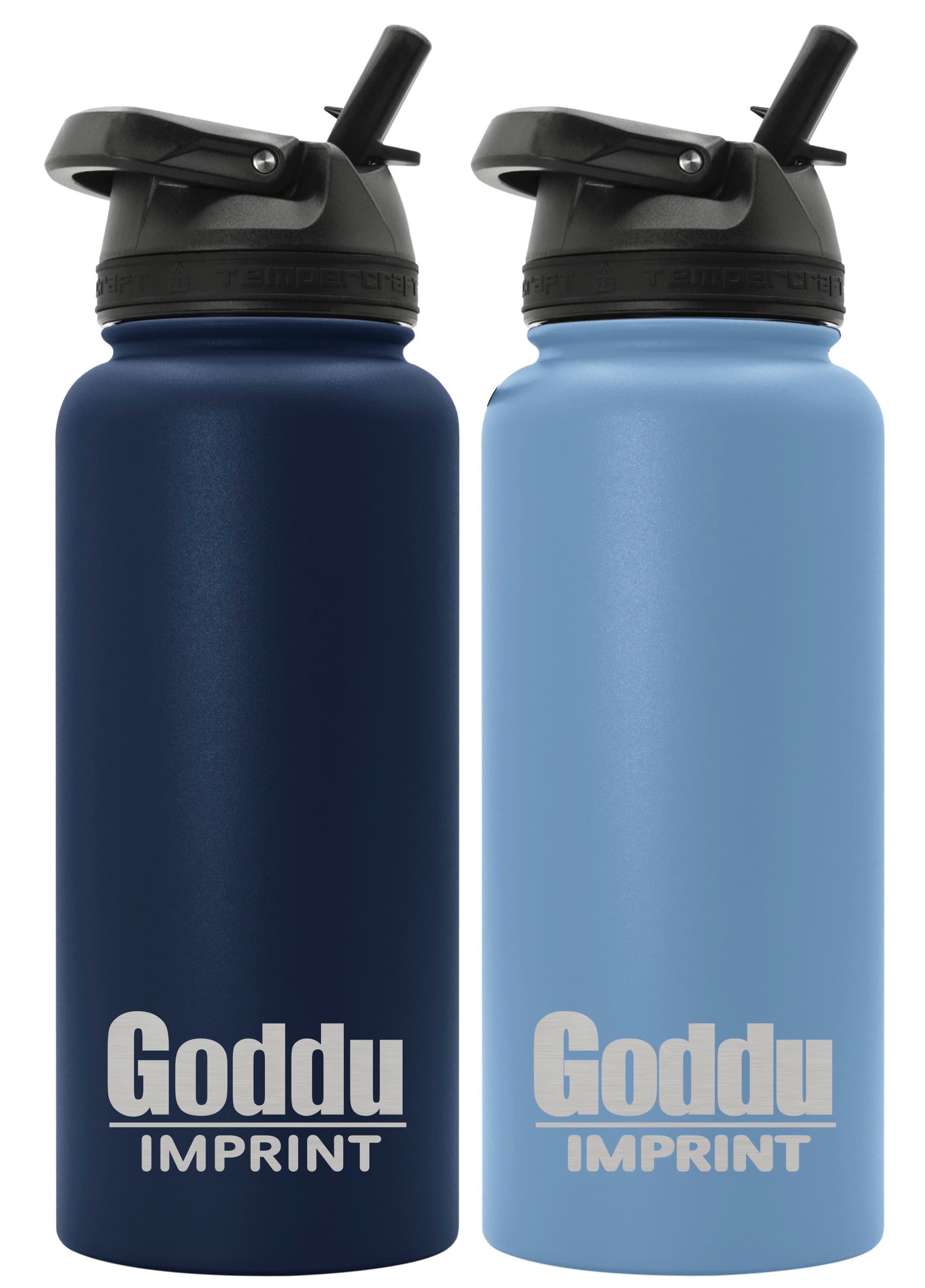 Two insulated stainless steel bottles, one navy and one light blue, laser-engraved with the Goddu Imprint logo.