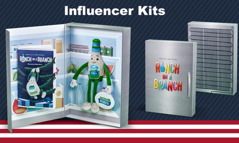 Hidden Valley Ranch on a Branch influencer kit with custom storybook, plush figure, and fridge-style presentation box.