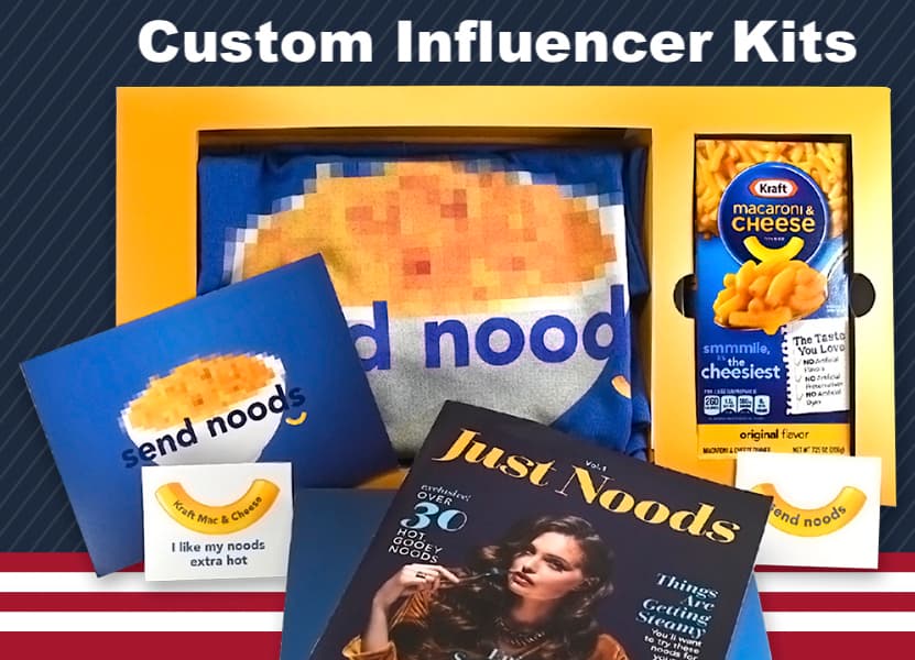 Kraft Mac and Cheese Send Noods influencer kit with branded tee, custom magazine, and printed presentation box.